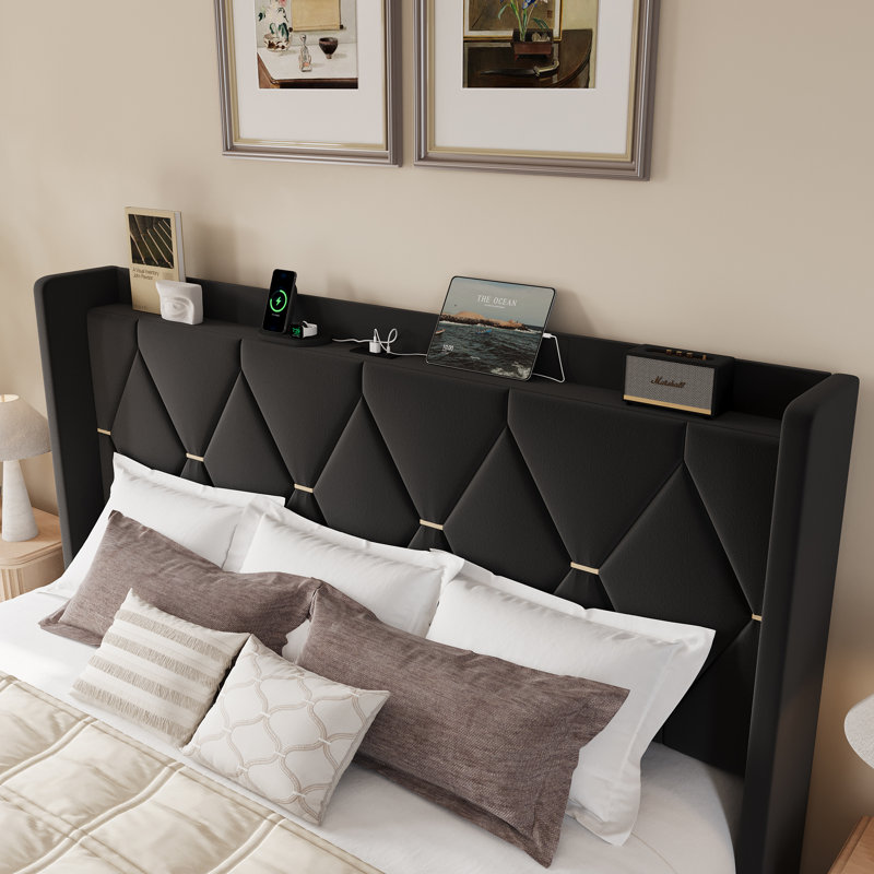Modern Tufted Velvet Upholstered Bed With Charging Station & Storage Shelf ,No Box Spring Needed, Black, King
