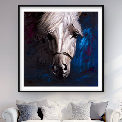 White Horse on Blue Background - Blue Farm Animals Print