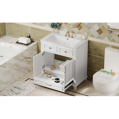 Meuble-lavabo de 30 po avec lavabo en résine, armoire de rangement en bois massif avec portes à fermeture douce, style rétro