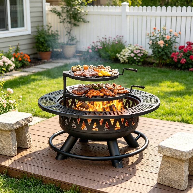 36" 3-in-1 Fire Pit Table with 2 Grills Lid, 17.13" H x 36" W x 36" D