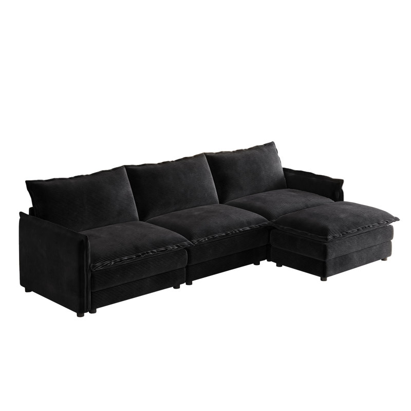 109" Sofa With Ottomans, Black Corduroy
