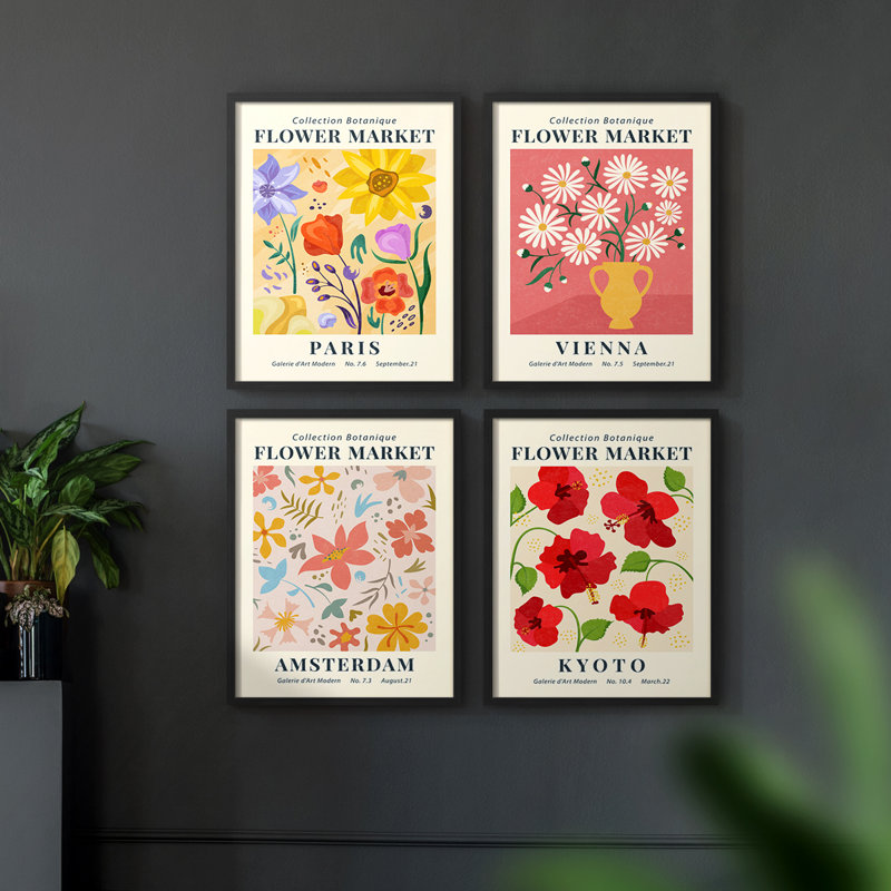 «Vintage Floral Print», impression encadrée - ensemble de 4, H 10 po x l 32 po