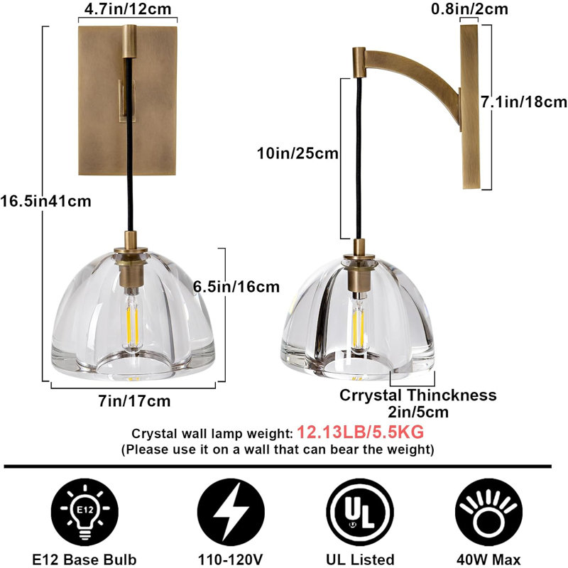 Tallen 1 - Light Hemisphere Crystal Modern Wallchiere Wall Light Wall Sconce(Bulb Included), Brass
