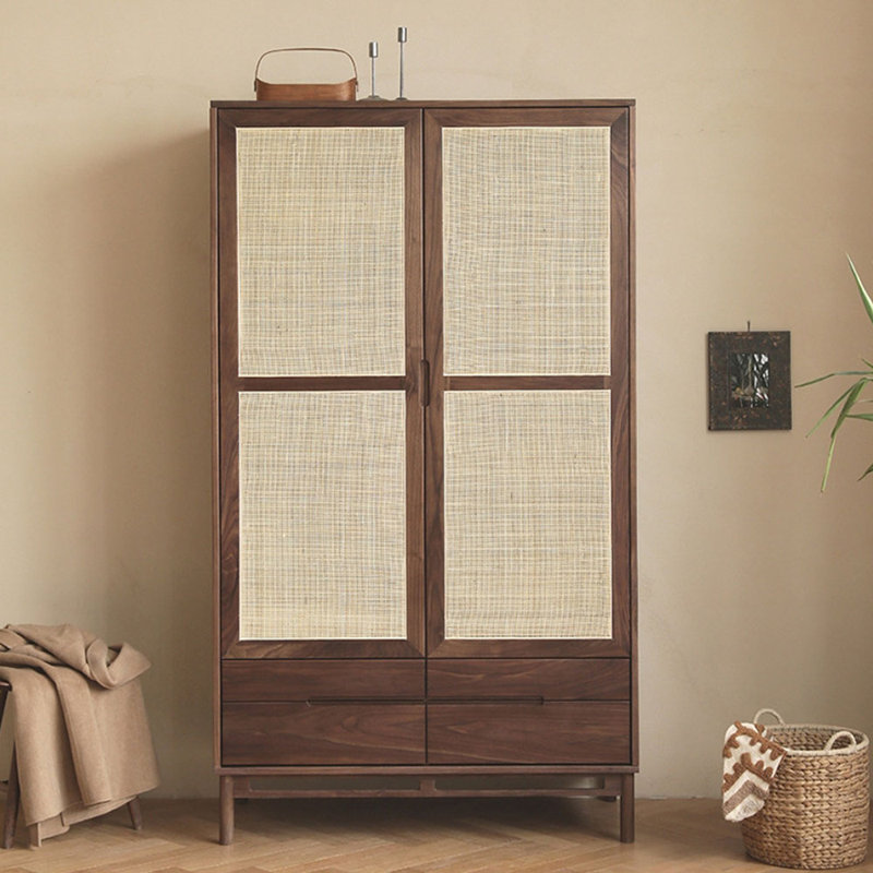 Armoire-penderie à deux portes en rotin et couleur noyer
