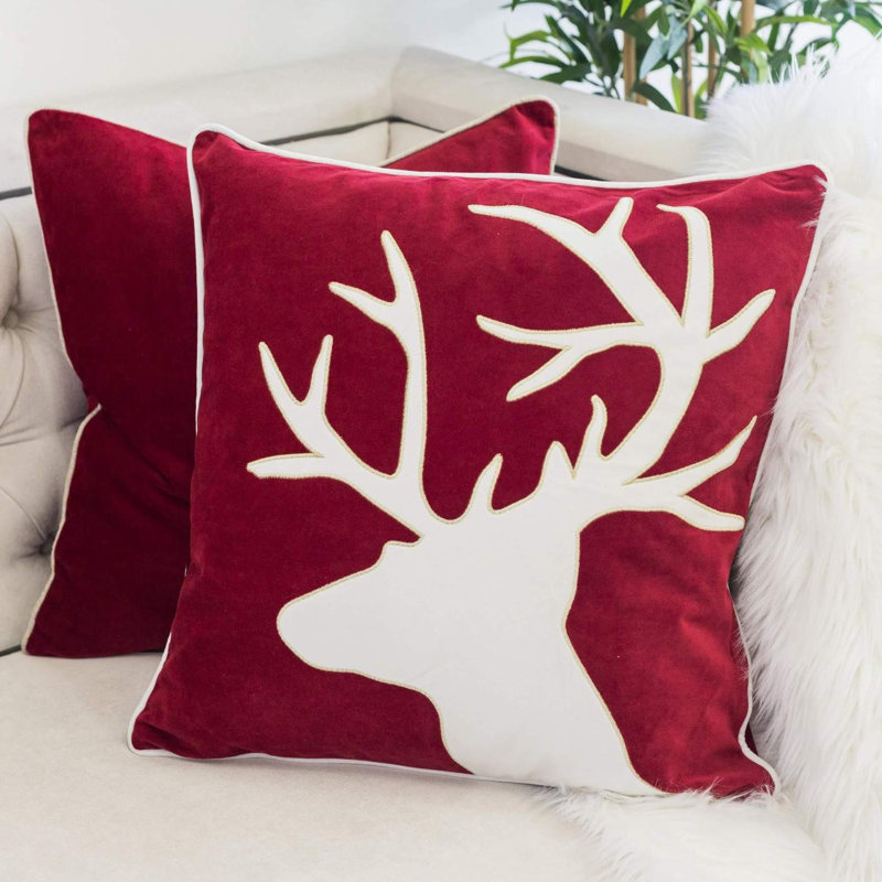 Coussin décoratif en velours Holiday Reindeer, Rouge