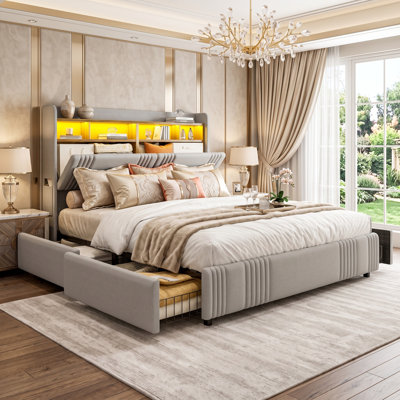 49.2" Tall California King Size Bed Frames With Wingback Upholstered Hidden Storage Headboard & 4 Drawers,Led Lights And Charging Station,Solid Wood Slats,No Box Spring Needed,Noise Free,Light Grey