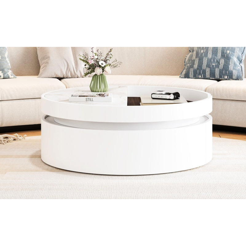 Table basse ronde à plateau relevable avec tiroir