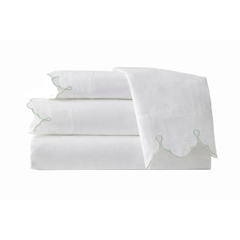 Scalloped 100% Cotton Standard Sheet Set, Queen Sheet Set, White Green