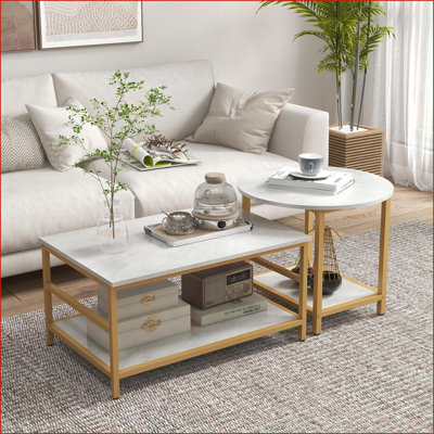 Coffee Tables | Mesa de café, Modern 2-Piece Set, Faux Marble Steel, Off-White, Storage, For Living Room | Rectangle