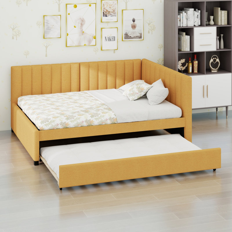 Upholstered Daybed with  Trundle, Sofa Bed Frame Ideal for Guests, Yellow