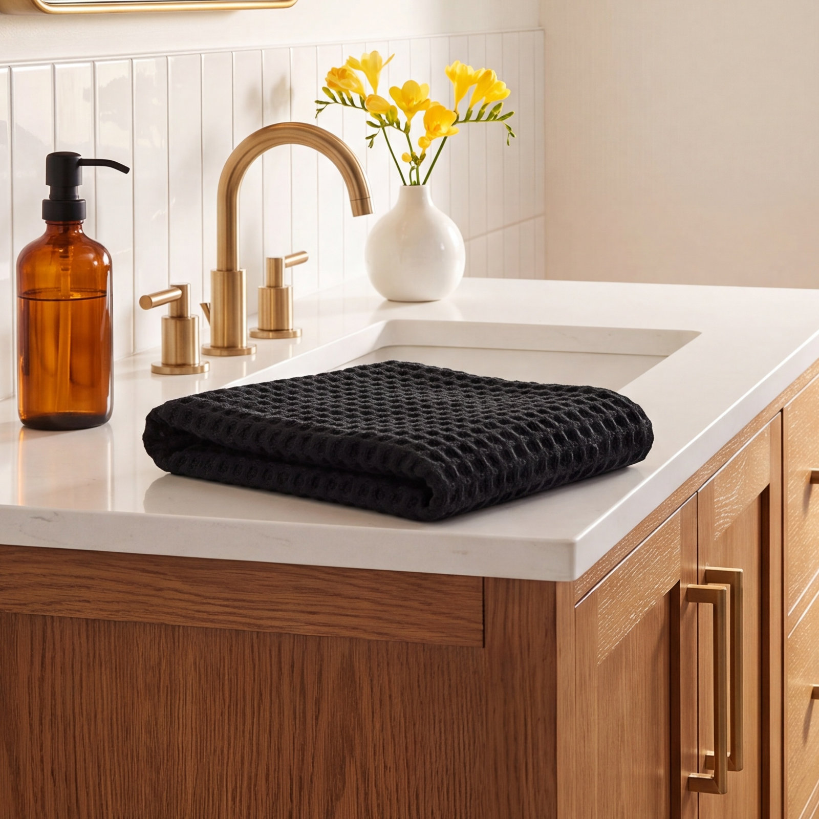 Waffle Cotton Hand Towel, Black