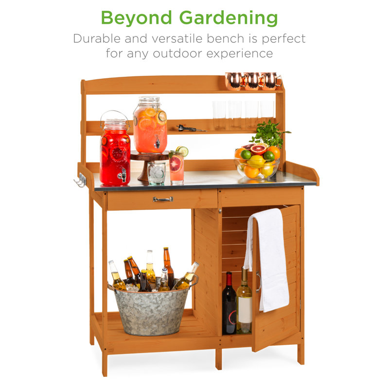 Banc de jardin en bois avec plateau en métal Rong