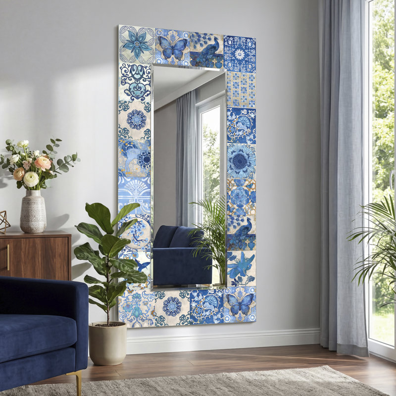 "Blue & White Tiles" Rectangular Beveled Mirror on Free Floating Reverse Printed Tempered Art Glass