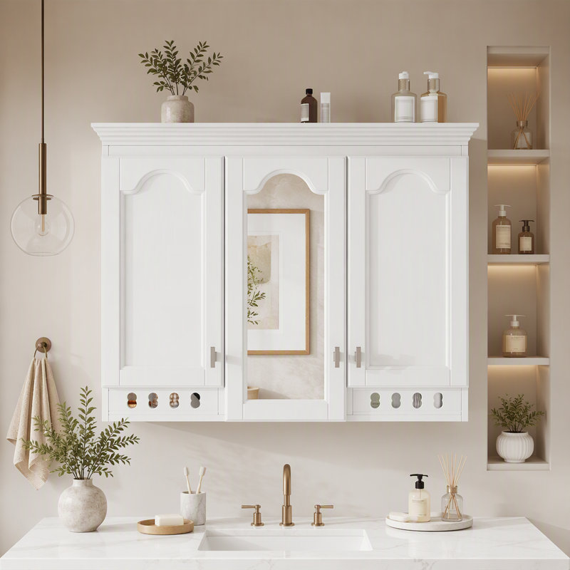 Armoire de toilette murale tout-en-un avec miroir, étagères réglables et charnières à fermeture douce, White