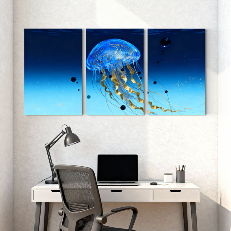 Ensemble de 3 impressions sur toile, méduse bleue avec tentacules dorés et bulles, H 30 po x l 60 po
