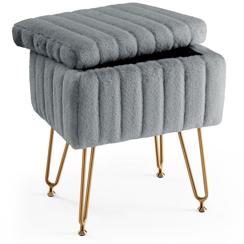 Modern Velvet Storage Vanity Stool Cozy Faux Fur Cushioned Accent Chair Gray, Gray