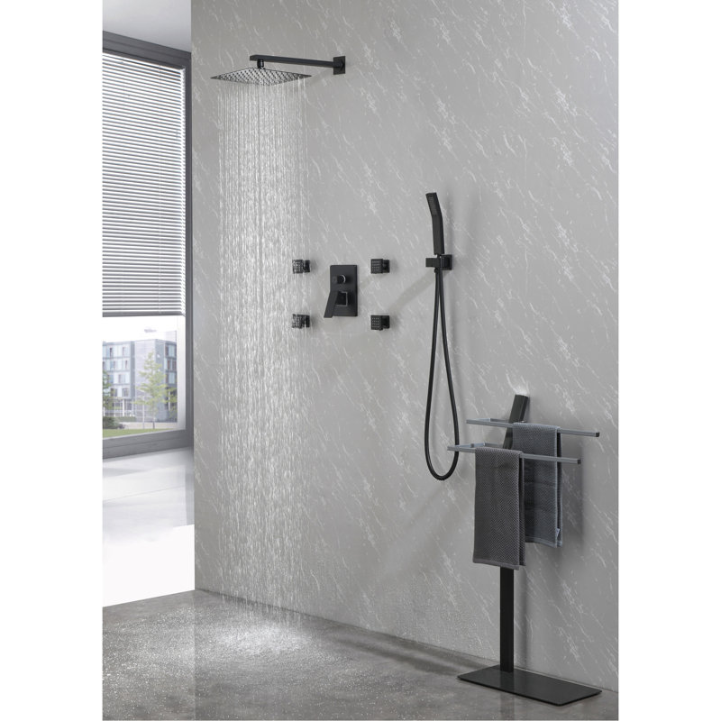 Système de douche noir mat, pomme de pluie de 10 pouces, douche à main, jets de corps, valve d'équilibre à 3 fonctions avec buse autonettoyante carrée, 3