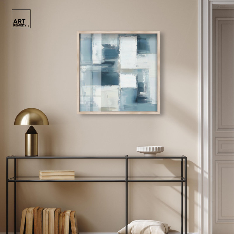 Art abstrait bleu déconstruit «I Shadowbox» par Art Remedy, H 25 po x l 25 po, Crème, crème