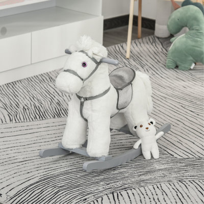 Cheval à bascule en peluche avec ours, chaise pour enfant avec peluche douce et sons réalistes amusants, blanc