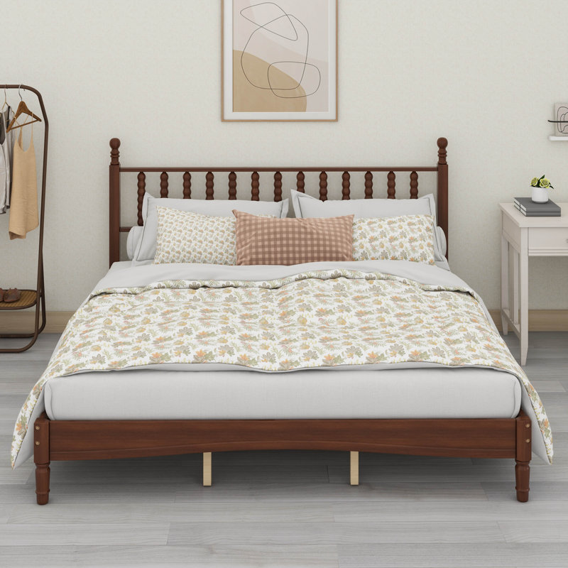 Structure de lit plateforme très grand en bois massif avec tête de lit en bois avec tête de lit en forme de gourde, cadre de lit de style rétro, aucun sommier requis