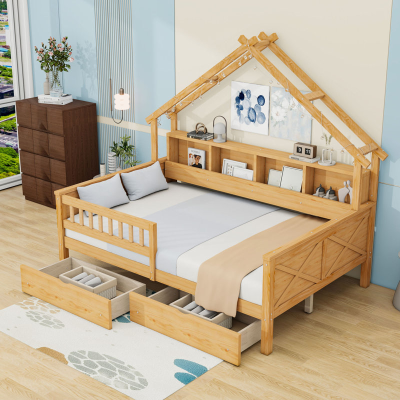 Lit plateforme double en bois avec tiroirs de rangement, tablettes et lumière DEL, Naturel