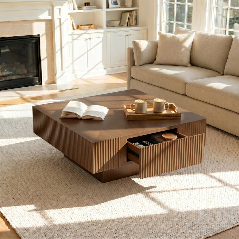 31'' Solid Wood Brown Modern Square Coffee Table with 2-Way Hidden Storage Drawers, Fluted Details,Parquet,Wood Grain Top Cocktail Table