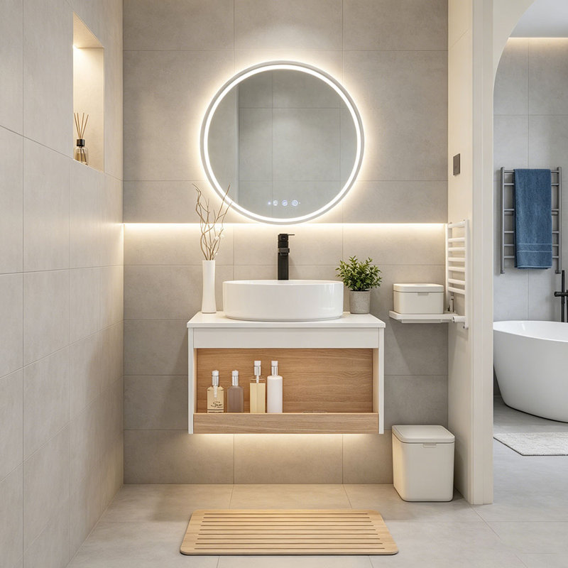 Lavabo vasque rond 24 po, meuble-lavabo mural avec rangement ouvert, finition blanche avec comptoir durable, conception moderne peu encombrante (livré dans 2 boîtes)