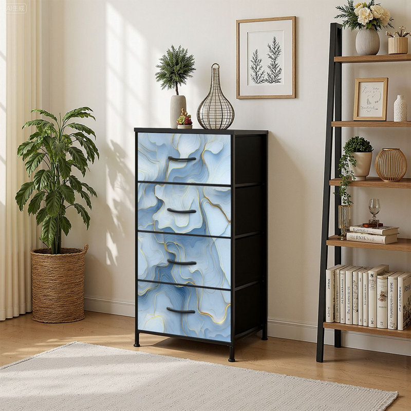 Commode de rangement verticale à 4 tiroirs, aquarelle bleu clair, géode dorée avec tiroirs en bois