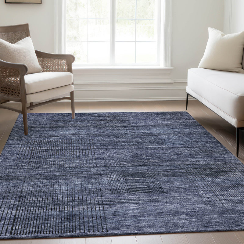 Tapis bleu marine en polyester tissé à la machine Malchow, Rectangle 2 pi 6 po x 3 pi 10 po