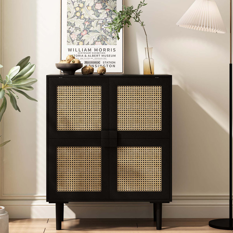 4-Doors Rattan Mesh Storage Cabinet, Sideboard, Black