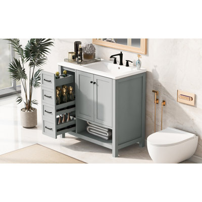 Meuble-lavabo de 36 po avec comptoir d'évier, meuble-lavabo avec deux portes et deux tiroirs, bois massif, tablette ouverte, panneaux de fibres à densité moyenne, un paquet, gris