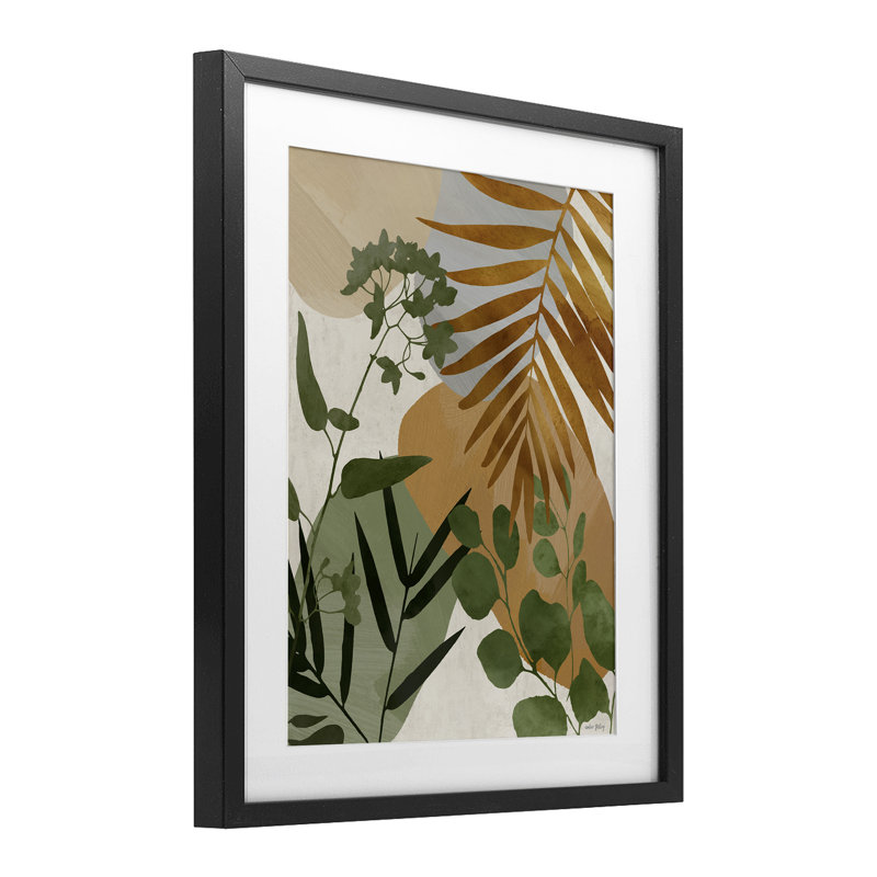 «Earthy Tropical Leaves», reproduction sous verre encadrée, design par Amber Sterling, Cadre noir minuit, H 16 po x l 13 po