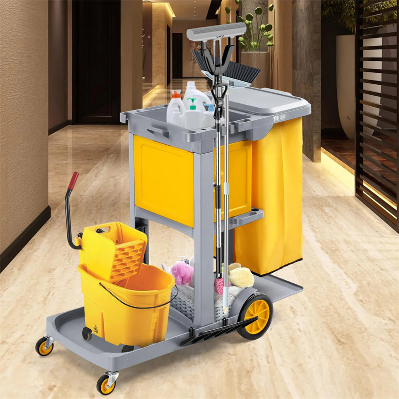 Chariot de conciergerie à 3 niveaux avec capacité de 500 lb avec casier et sac de 15 gallons , Gris
