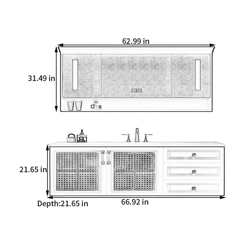 Armoire de salle de bain en rotin de style rétro, H 21,65 po x l 66,92 po x P 21,65 po