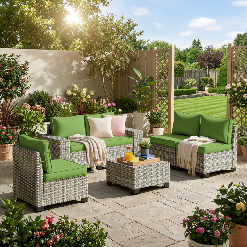 Ensemble de canapé modulaire d'extérieur 5 personnes avec rotin PEHD toutes saisons, coussins et accoudoirs larges