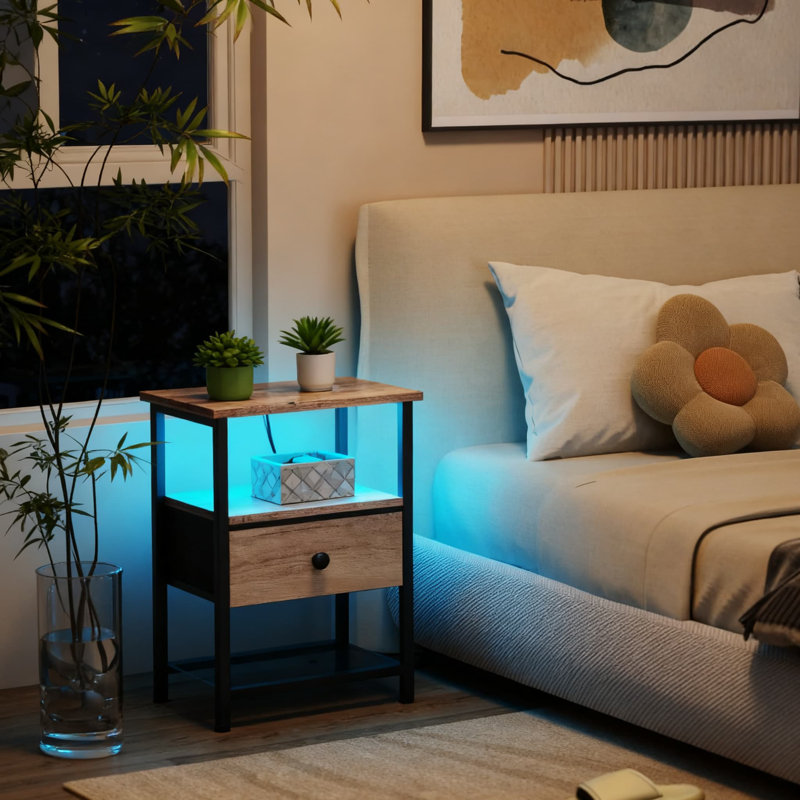 Table de chevet à DEL avec station de charge, table de chevet intelligente avec tiroir en tissu et tablette de rangement pour la chambre à coucher et le salon
