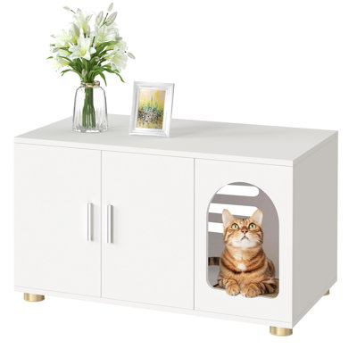 Stackable Cat Litter Box Cabinet Furniture with Cat Scratch Mat（White)
