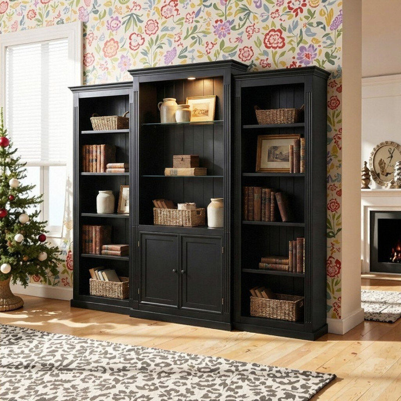 3-Piece Bookcase And Display Cabinet Set With Adjustable Led Ceiling Light And 6mm Tempered Glass Shelves, Black