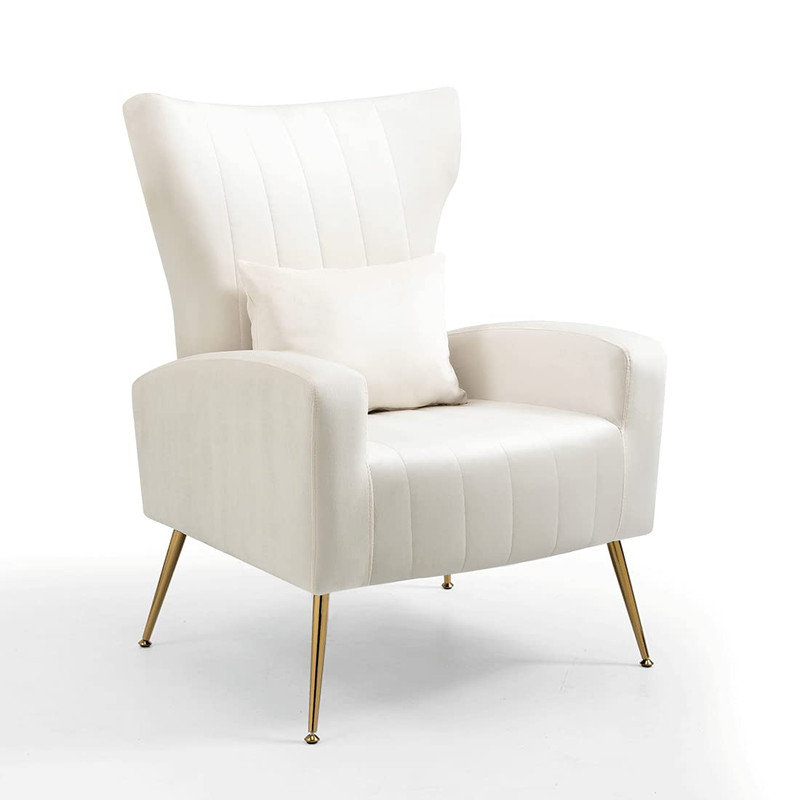 White Velvet and Wood Mid-Century Modern Accent Chair Set