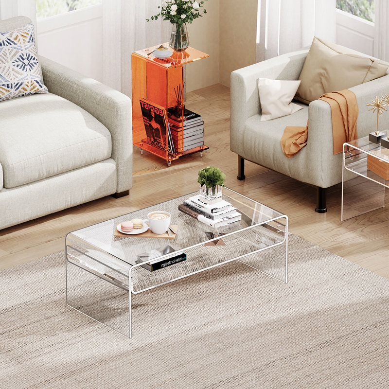 Freysteinn Acrylic Coffee Table,  2 Tiers Clear End Table with Storage Shelf, Clear