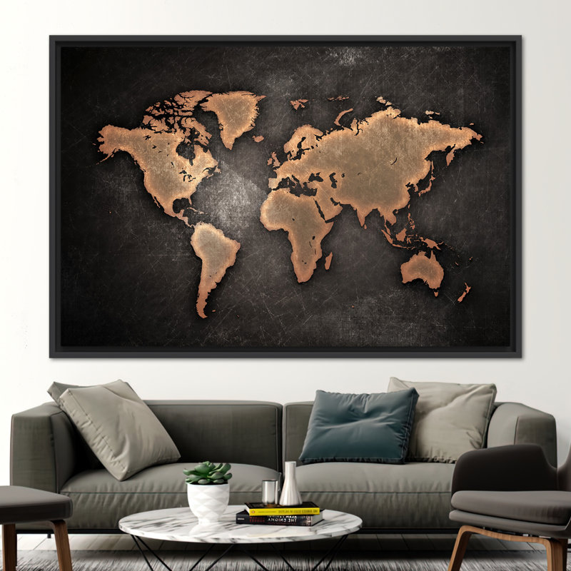Reproduction de bronze, carte du monde moderne abstraite, carte du bureau scolaire, affiche sur toile, H 41 po x l 94 po