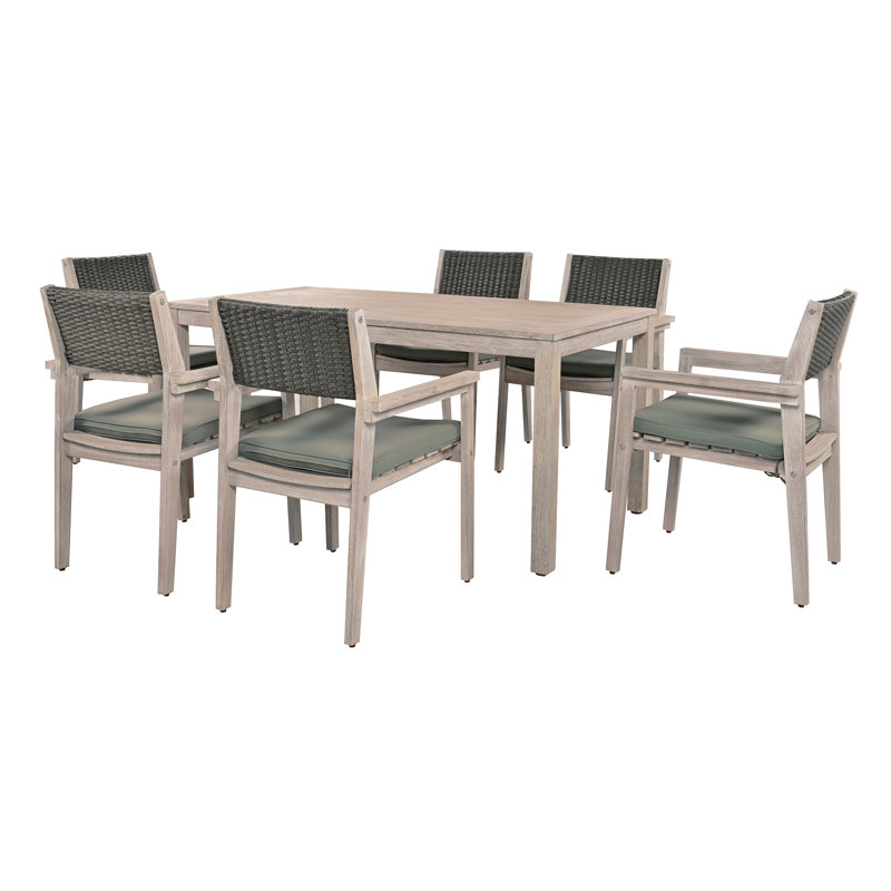  Ensemble repas d'extérieur, table et chaises de patio avec dossier en rotin et coussins amovibles, blanc délavé