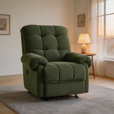 Green Recliner Chair, Overstuffed Armchair, Manual Recliner, Living Room Seating, Reading Chair, Padded Footrest, Home Theater Seating, Ergonomic Lounge Chair, Soft Fabric Recliner, Furniture.