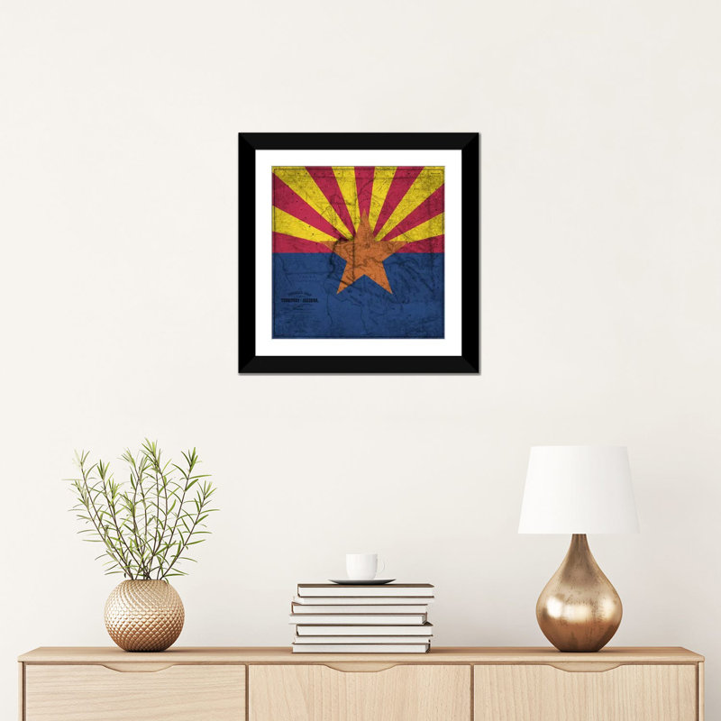 « arizona flag, old western map grunge », impression sur toile, H 16 po x l 16 po x P 1 po, Black Framed Paper, Blanc