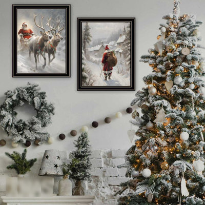 Décoration murale pour la maison - 2 pièces de Noël dans un cadre noir en bois et papier de Jo encadrées par