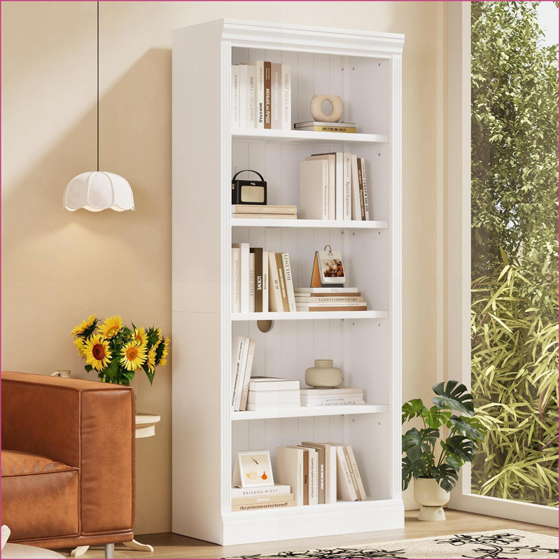 Bibliothèque 83,4 po à 5 niveaux avec bande lumineuse DEL | Tablettes réglables | Blanc neige | Bois massif et panneau de fibres à densité moyenne