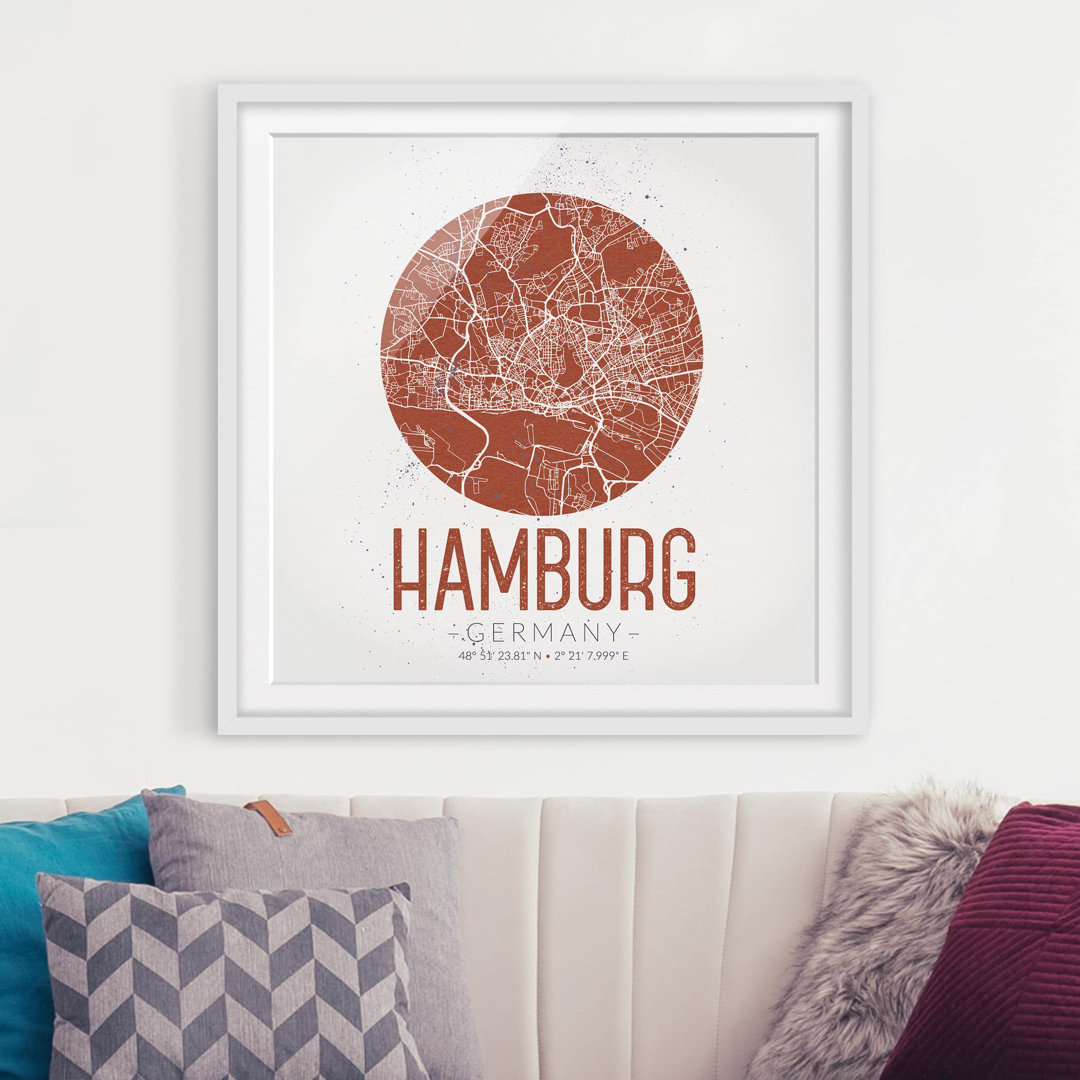 Gerahmtes Papierbild Stadtplan Hamburg - Retro