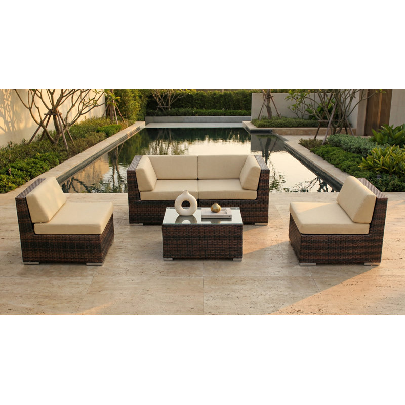 Billyjo Wicker 4 - Person Seating Group with Cushions - No Assembly, Supercrylic Beige, Mixed Brown
