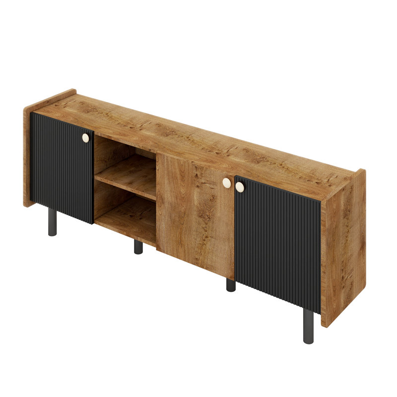 Meuble télé Mid-Century avec 3 armoires, centre de divertissement avec rangement, Noir / brun / bois