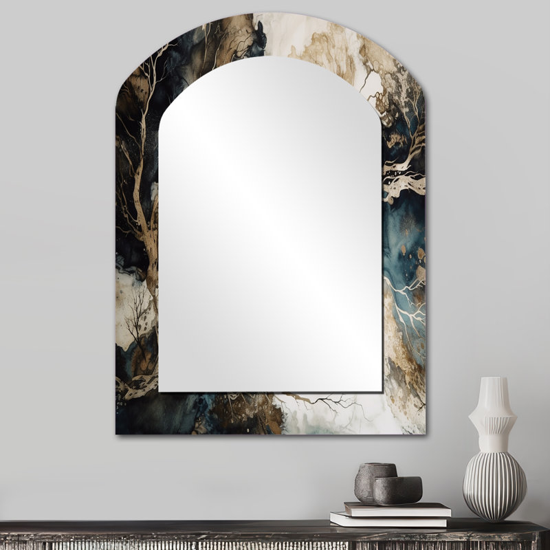Blue Beige Marbré Dreamscape I - miroir mural arqué géométrique, miroir décoratif asymétrique bleu, impression d'art en métal